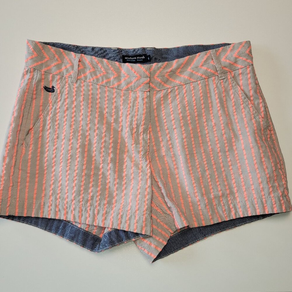 Southern Marsh Turner Stripe Brighton Shorts Gray & Salmon Seersucker